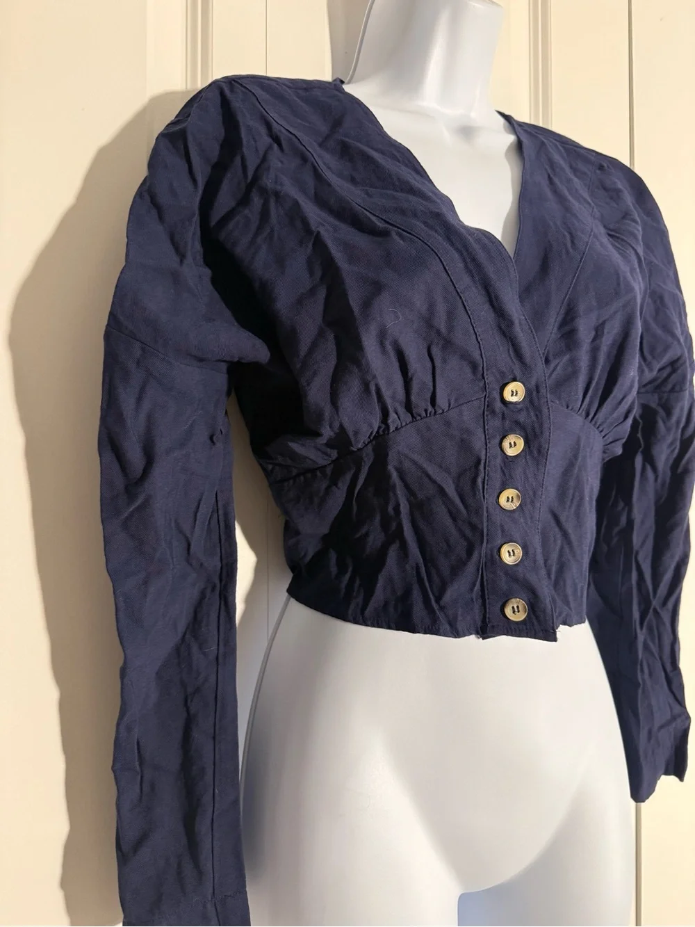 Free People Navy Button-Front Cropped Top